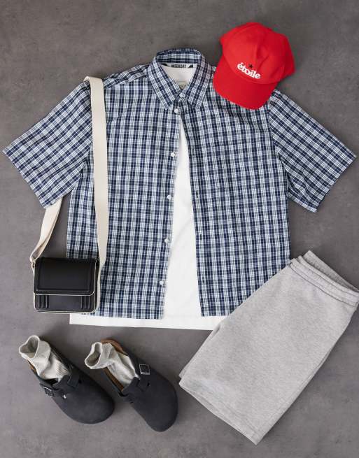 Weekday relaxed fit short sleeve shirt in navy plaid, 5 of 5