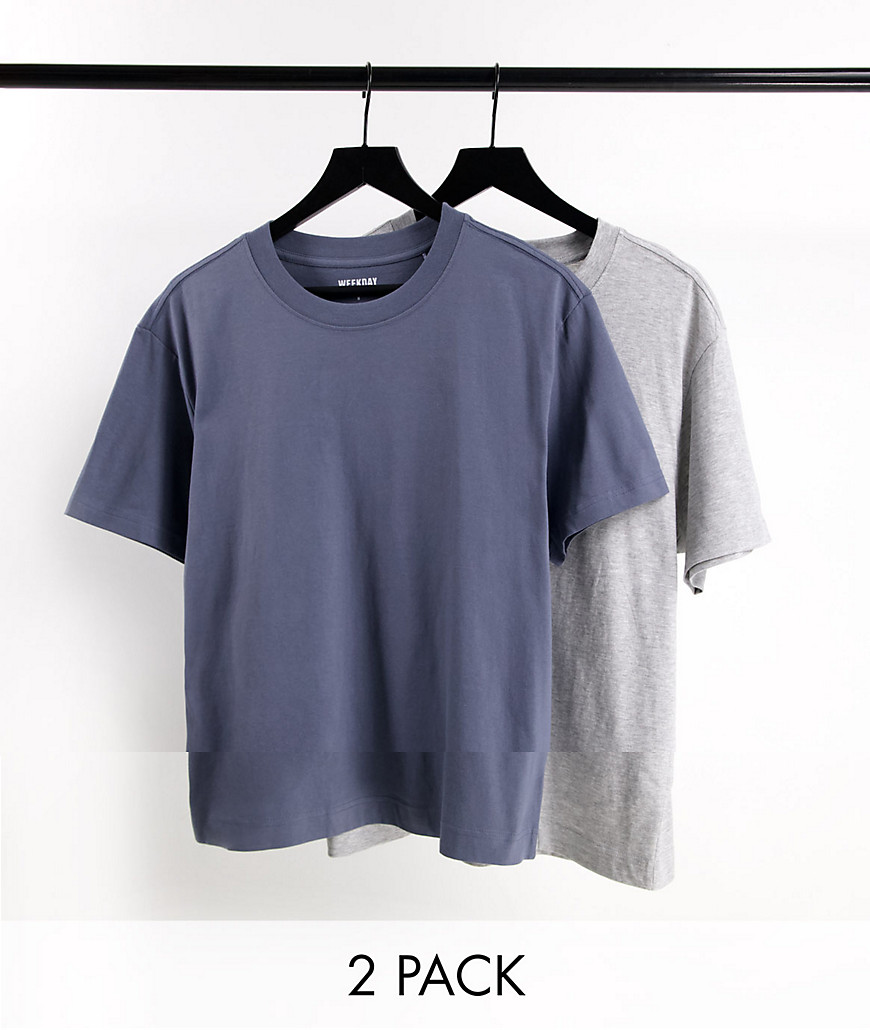 Weekday relaxed t-shirt 2-pack in gray melange & blue-Multi