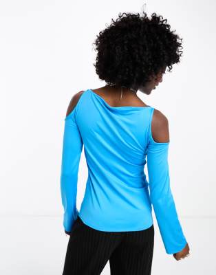 Weekday Remi Cut Out Shoulder Long Sleeve Top In Blue