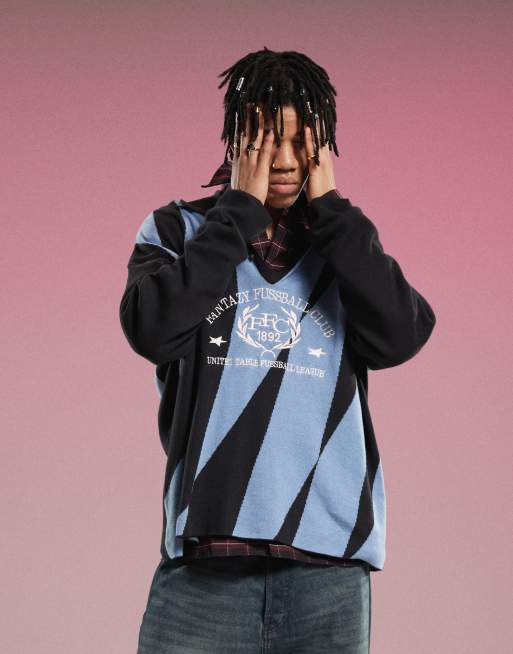 Weekday Rene polo sweatshirt with fantazy fussball graphic print in black & blue, 3 of 4