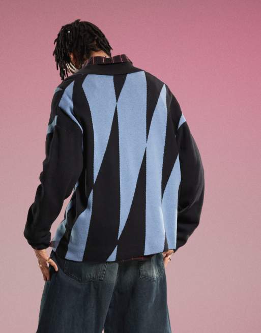 Weekday Rene polo sweatshirt with fantazy fussball graphic print in black & blue, 4 of 4