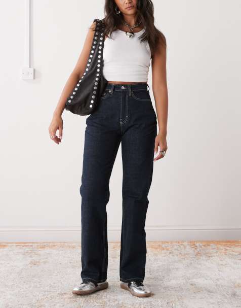 Weekday Resolute high waist straight leg jeans in dark blue