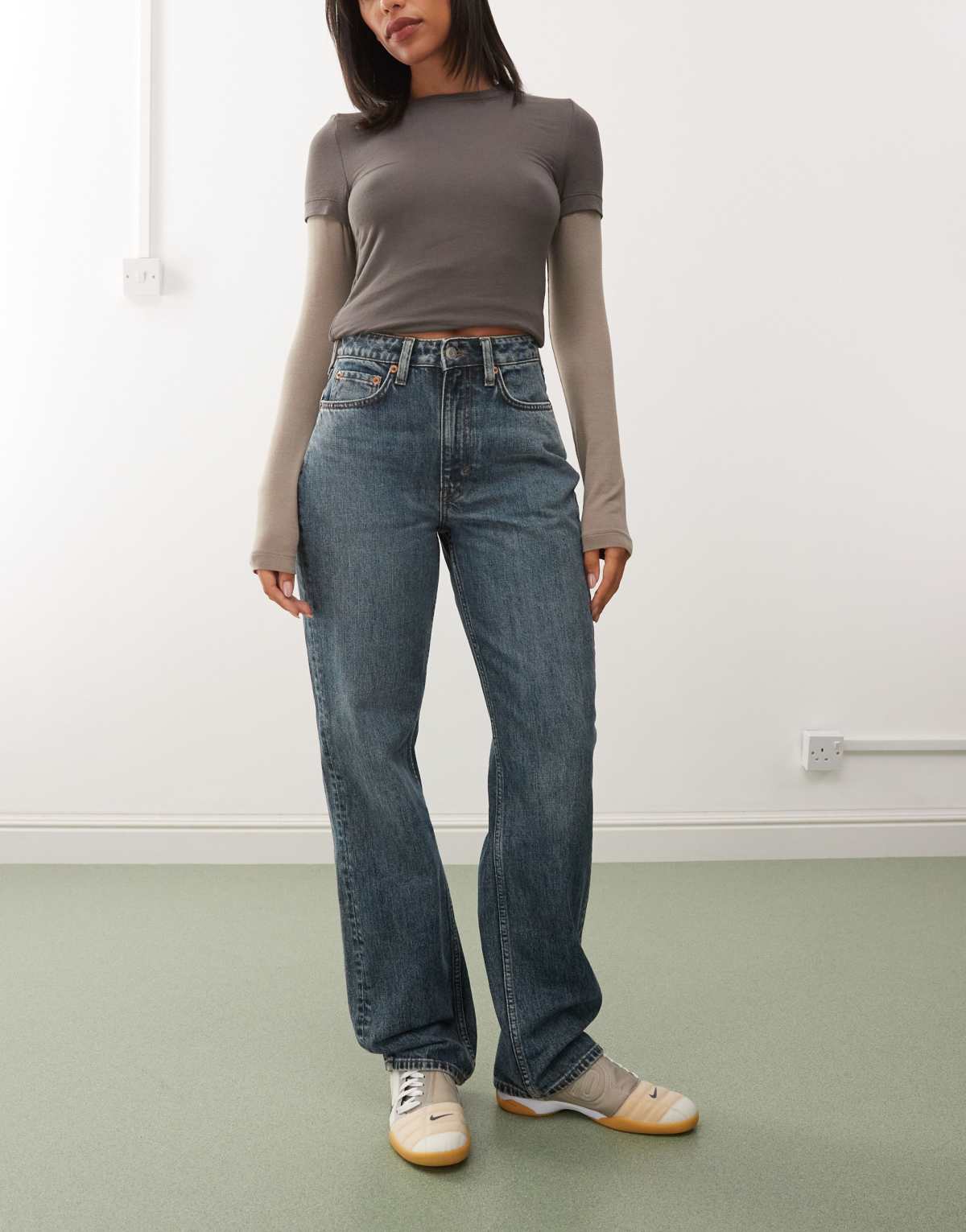 Weekday Resolute stretch high waist straight leg jeans in blue wash