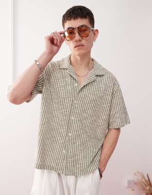 Weekday Weekday resort shirt in khaki and off-white stripe