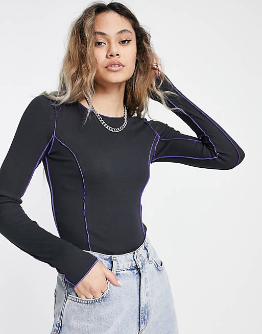 Tops Weekday Rever contrast stitch long sleeve top in black 