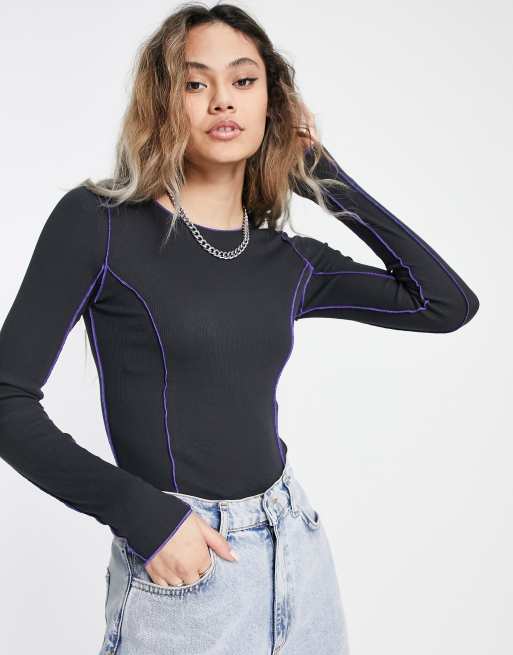 Weekday Rever contrast stitch long sleeve top in black