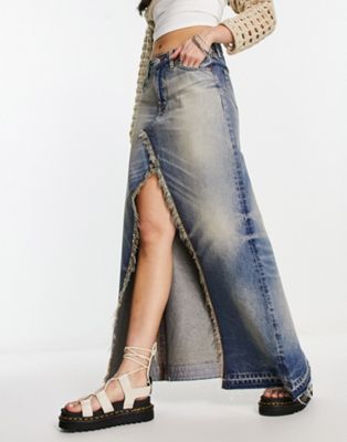 Weekday Rhea denim midaxi skirt with front frayed split in venice blue - ASOS Price Checker