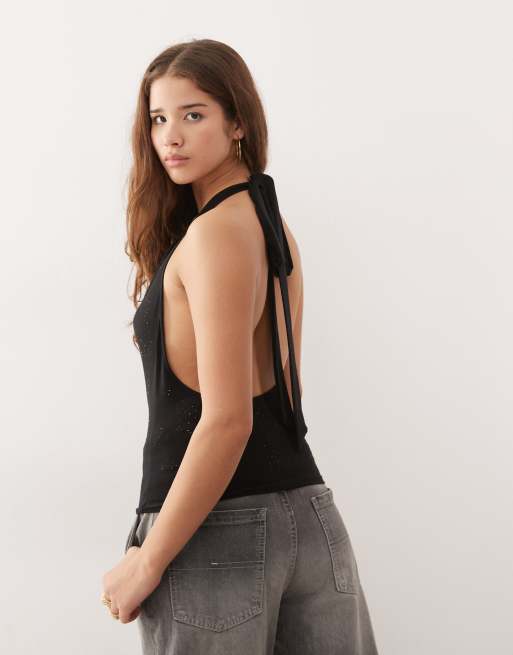 Weekday rhinestone plunge halter neck top in black | ASOS