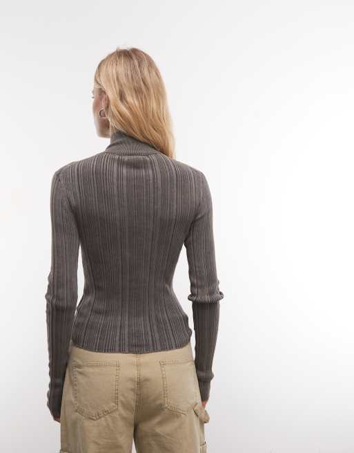 Weekday rib fitted high neck cardigan with hook & eye detail in dark gray wash, 4 of 4