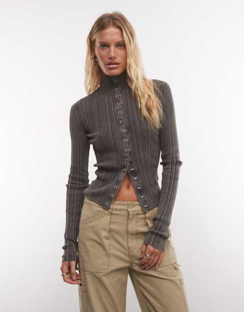 Weekday rib fitted high neck cardigan with hook & eye detail in dark grey wash - view 1