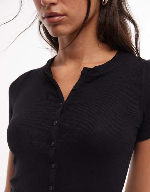 Weekday rib henley t-shirt in black, 2 of 4