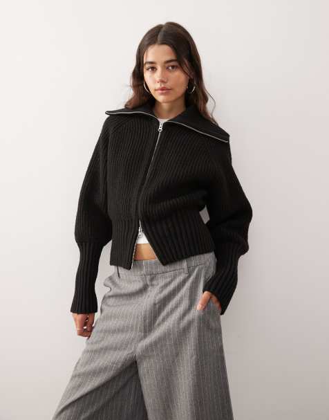 Weekday rib knit zip through cardigan in black - view 1