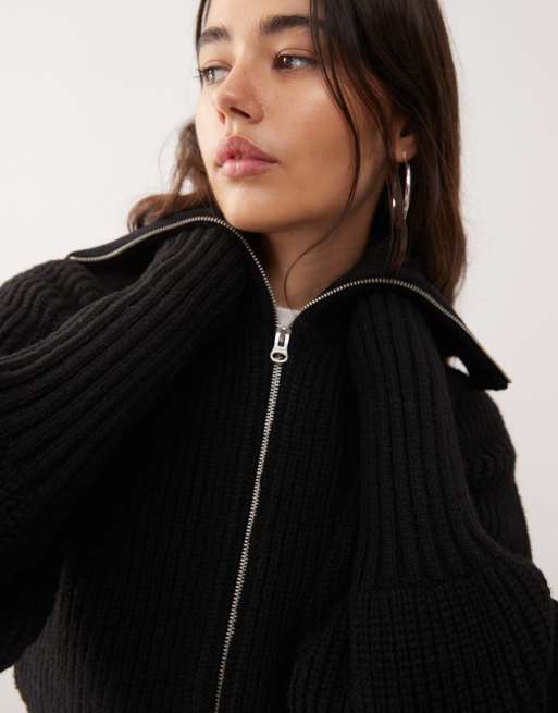 Weekday rib knit zip through cardigan in black | ASOS