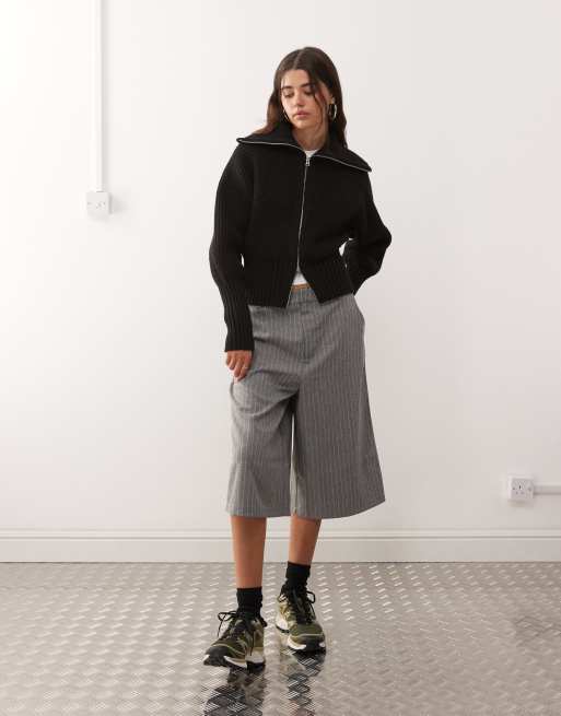 Weekday rib knit zip through cardigan in black, 3 of 4