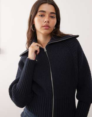 Weekday rib knit zip through cardigan in dark blue-Navy