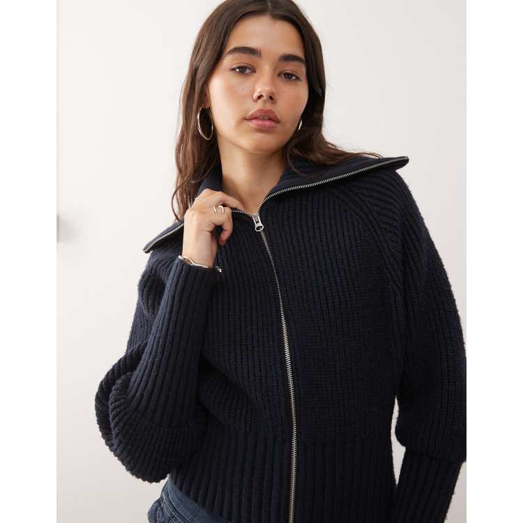 Weekday rib knit zip through cardigan in dark blue | ASOS
