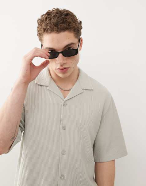 Weekday rib oversized resort short sleeve shirt in beige - view 1