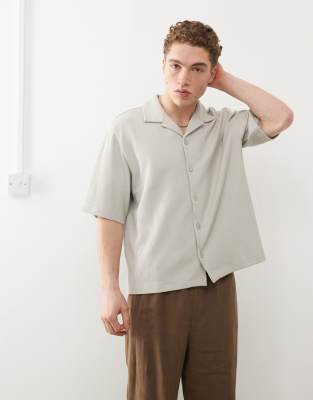 Shop Weekday Rib Oversized Resort Short Sleeve Shirt In Neutral