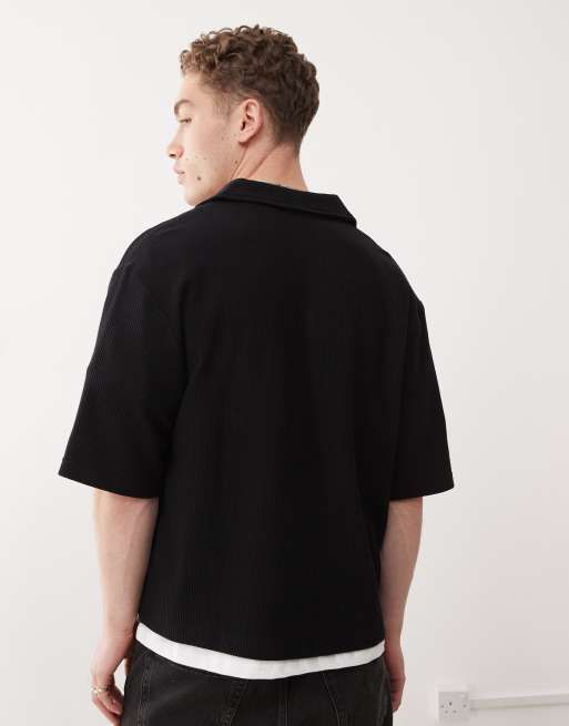 Weekday rib oversized resort short sleeve shirt in black, 4 of 4