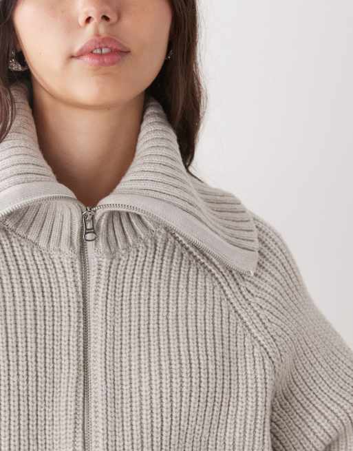 Weekday ribbed knit zip through cardigan in off-white | ASOS