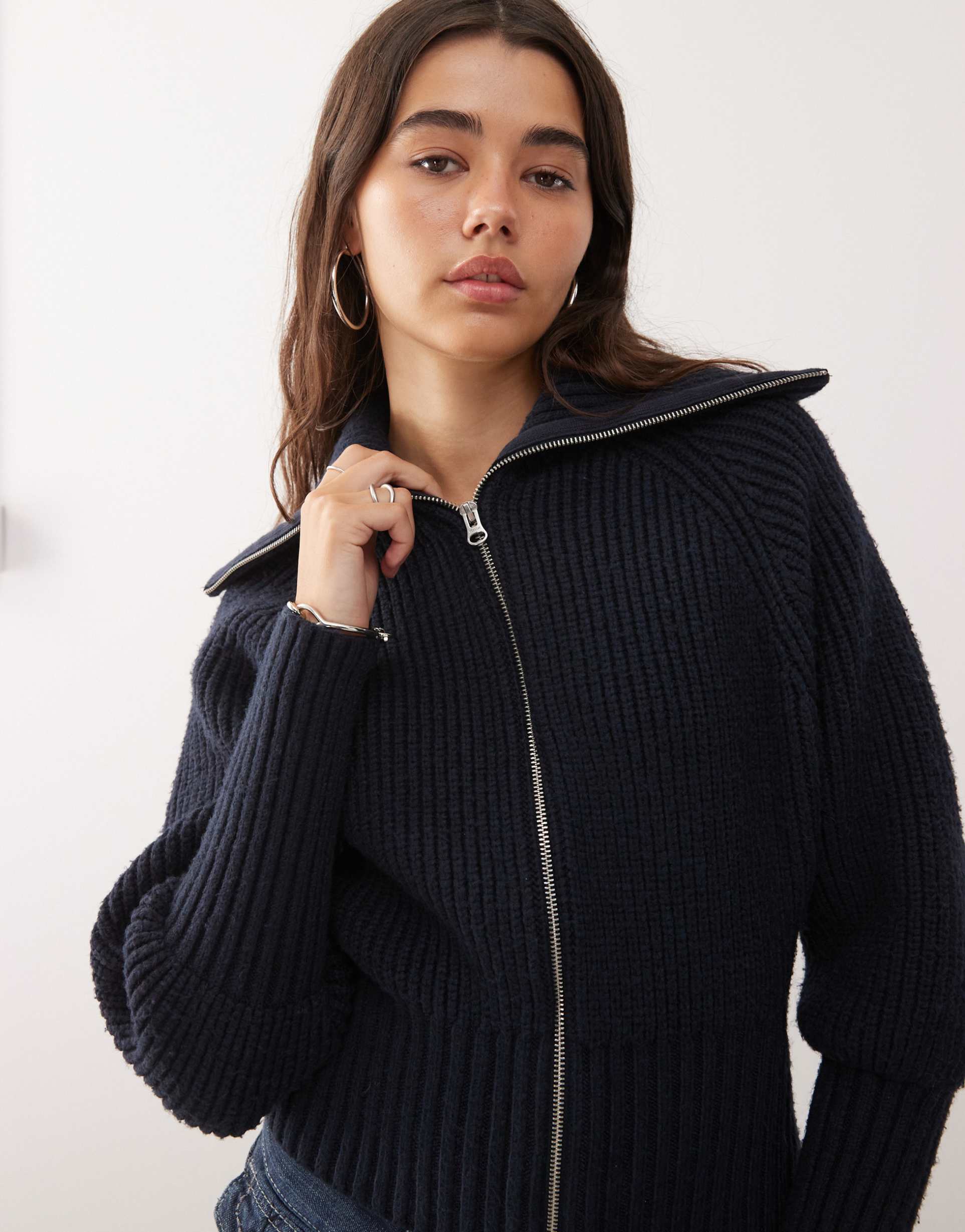 weekday ribbed knit zip up cardigan in dark blue