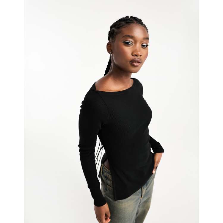 Weekday ribbed long sleeve off shoulder longline top with side