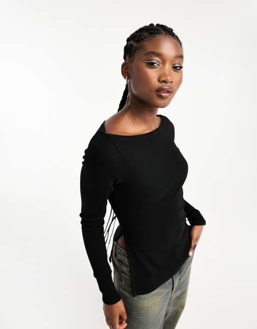 Weekday ribbed long sleeve off shoulder longline top with side split detail  in black