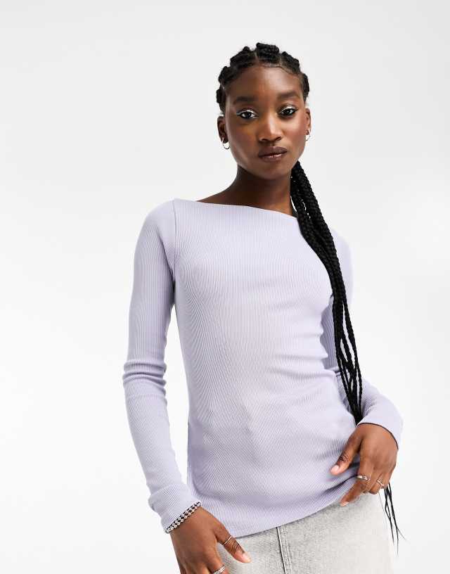 Weekday - ribbed long sleeve off shoulder longline top with side split detail in lavender