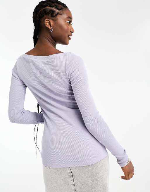 Weekday ribbed long sleeve off shoulder longline top with side split detail  in lavender