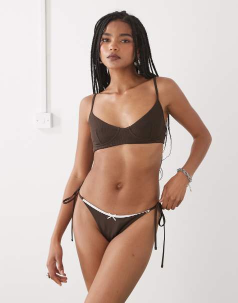 Weekday ribbed scoop neck bra in dark brown - view 1