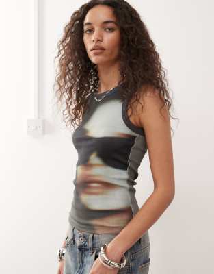 Weekday Ribbed Tank Top With Blurred Face Graphic Print In Black