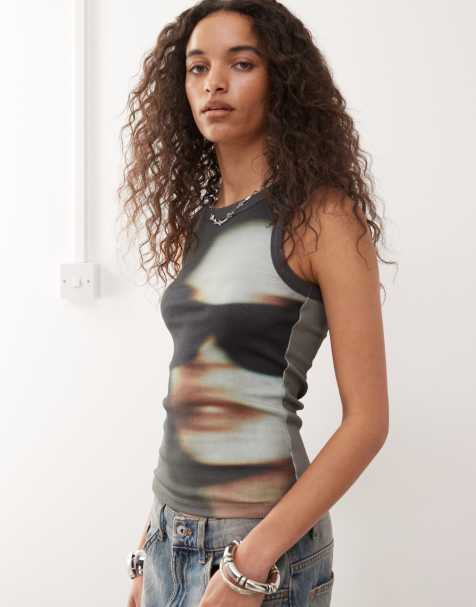Weekday ribbed tank top with blurred face graphic print in black - view 1