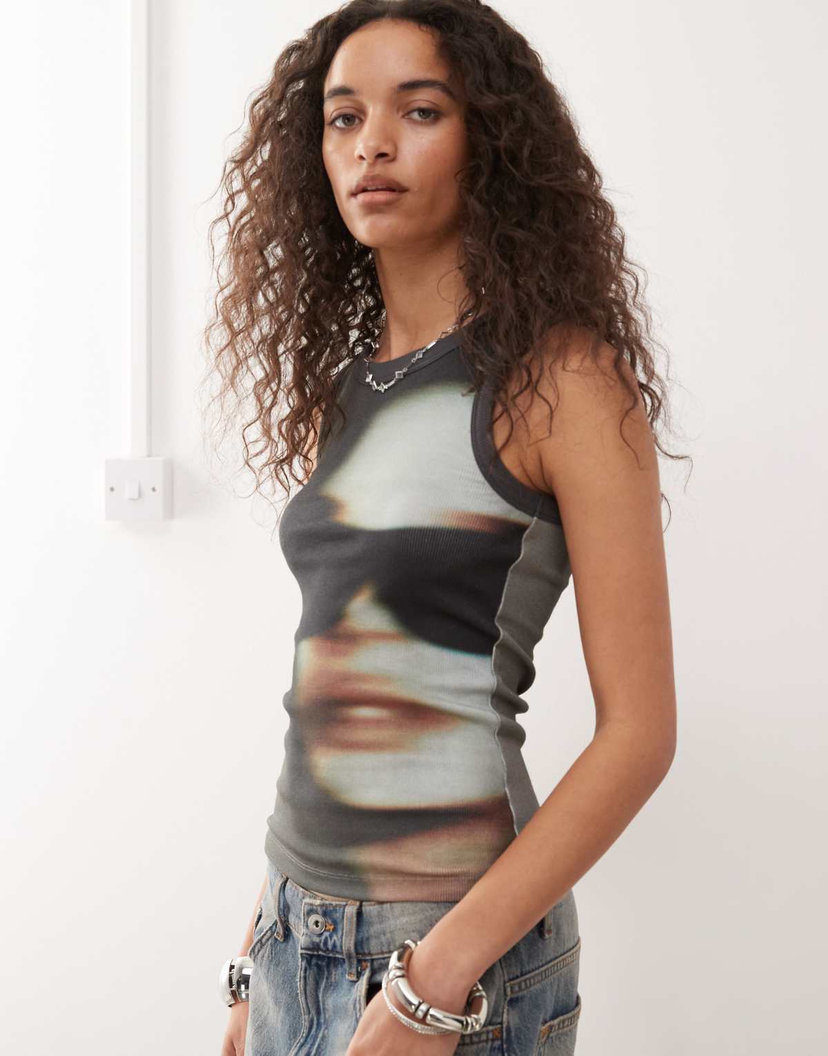 Weekday ribbed tank top with blurred face graphic print in black