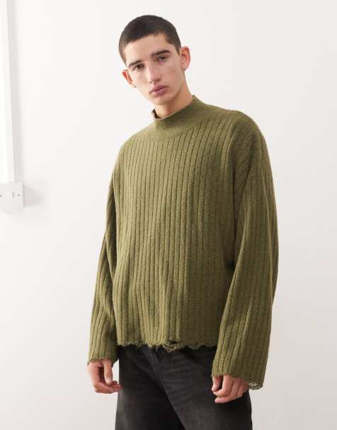 Weekday ribbed turtleneck jumper with distressed hem detail in khaki - view 1