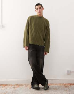 Weekday Ribbed Turtleneck Sweater With Distressed Hem Detail In Green