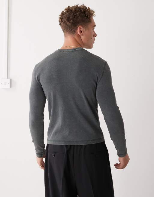 Weekday - Ribstrikket og langærmet slim-t-shirt i forvasket mørkegrøn, 3 af 5