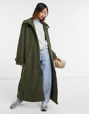 Weekday Ricky recycled wool belted coat in khaki-Green