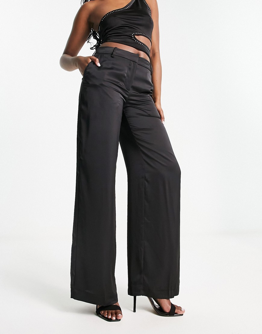 Weekday Riley co-ord wide leg satin trousers in black