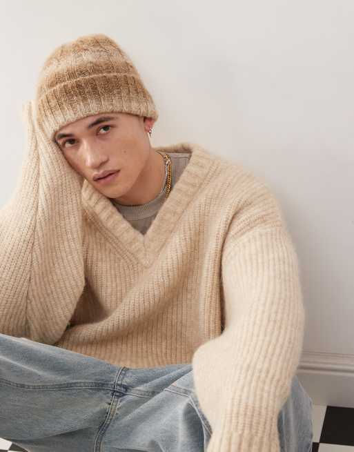 Weekday - Riley - Maglione spesso in misto lana beige mélange con scollo a V, 3 di 4
