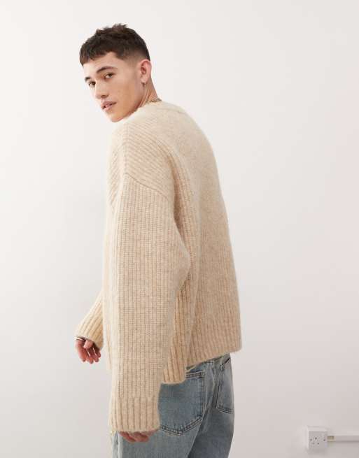 Weekday - Riley - Pull en laine mélangée épaisse à col en V - Beige chiné, 4 de 4