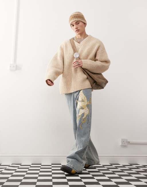 Weekday Riley wool blend chunky knit v neck jumper in beige melange, 2 of 4