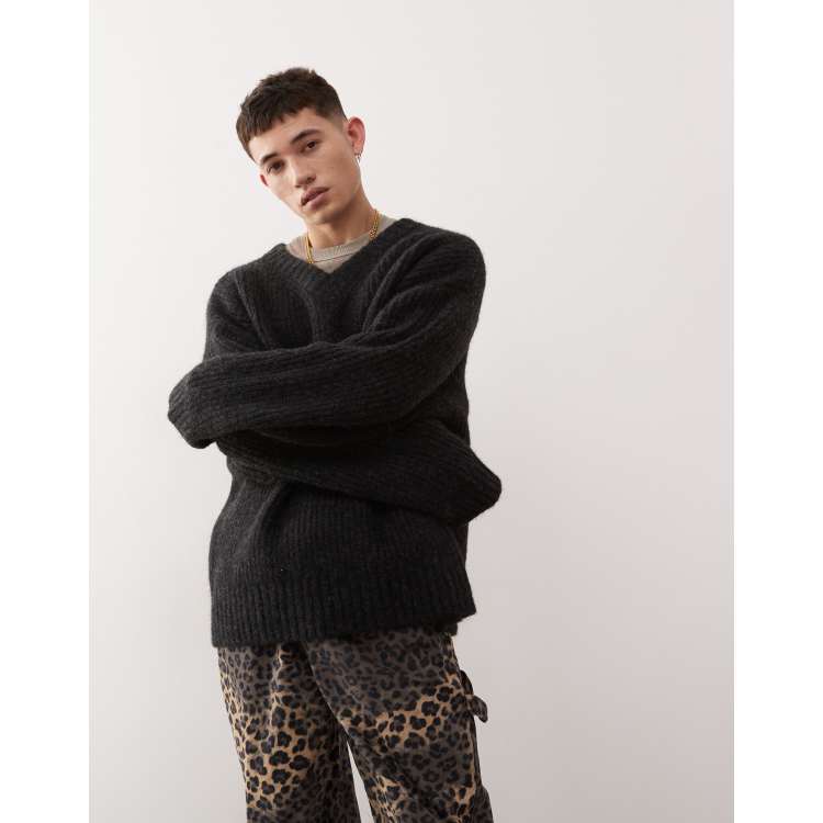 ニット/セーター argue DANDECALMA WOOL V-NECK KNIT bobby relaxed knitted polo sweater - Dark Mole | Weekday WW