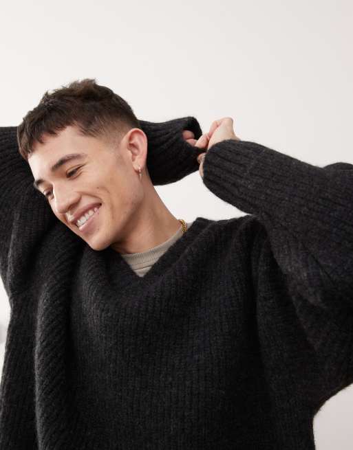 Weekday Riley wool blend chunky knit v neck jumper in black