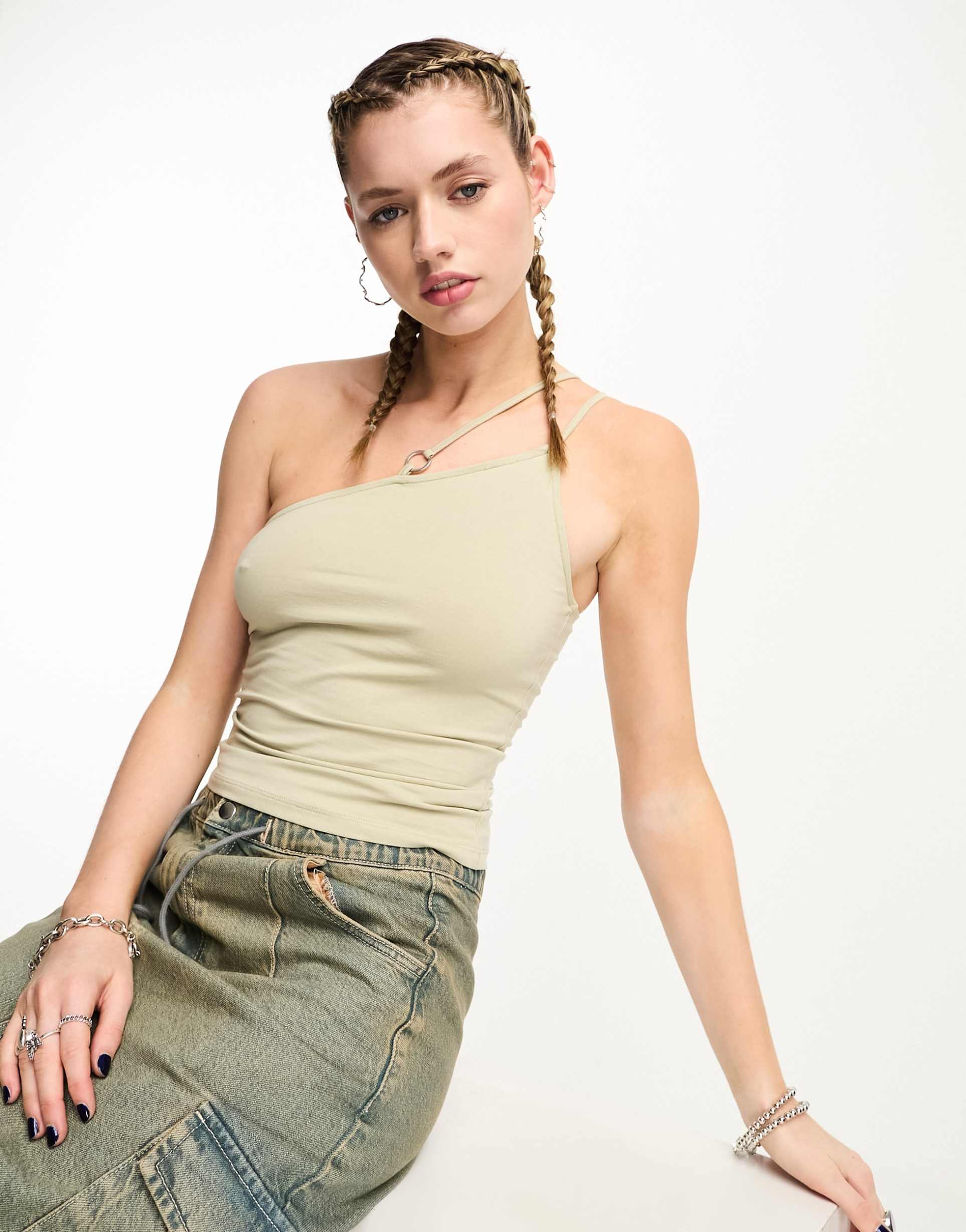weekday ring asymmetric cami tank top with ring detail in beige green