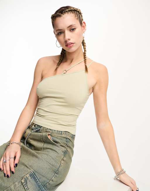 Weekday Ring asymmetric cami tank top with ring detail in beige green