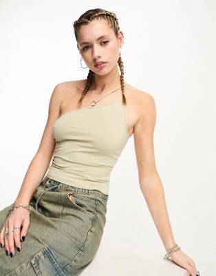 Weekday Ring asymmetric cami vest with ring detail in beige green