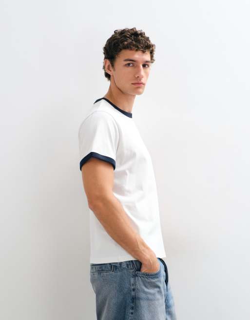 Weekday ringer t-shirt in white with navy binding, 4 of 5