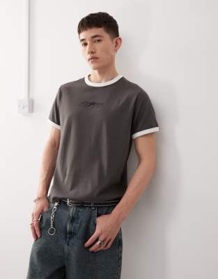 Weekday Weekday ringer t-shirt with graphic print in dark grey
