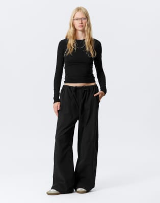 Weekday Ripstop Wide Leg Pants With Elastic Waist In Black
