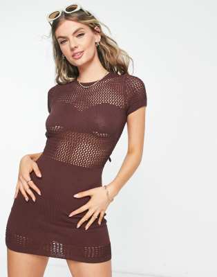 Weekday - Robe courte en maille crochetée variée - Marron